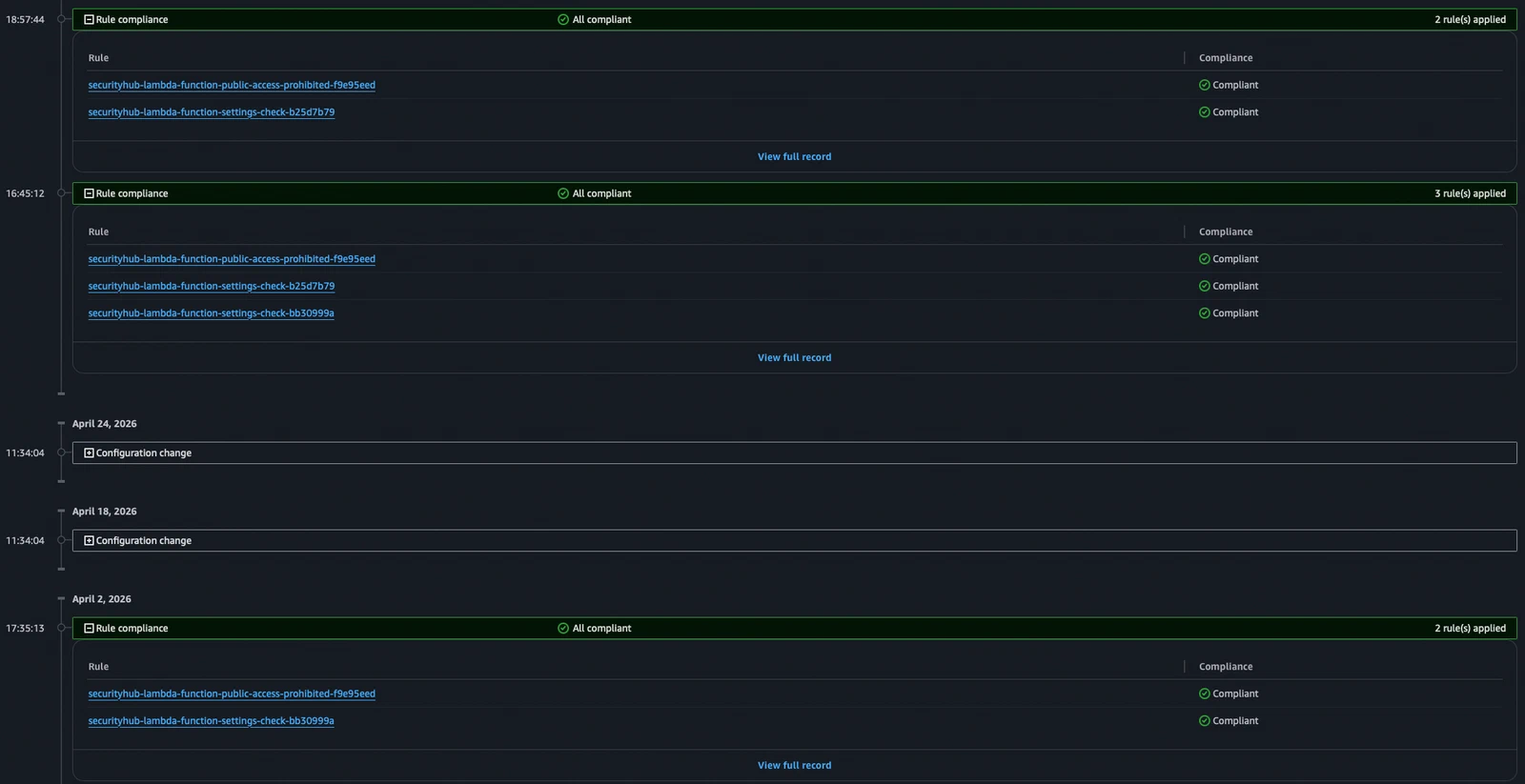 Config Console timeline showing SecurityHub control blue-green deployment